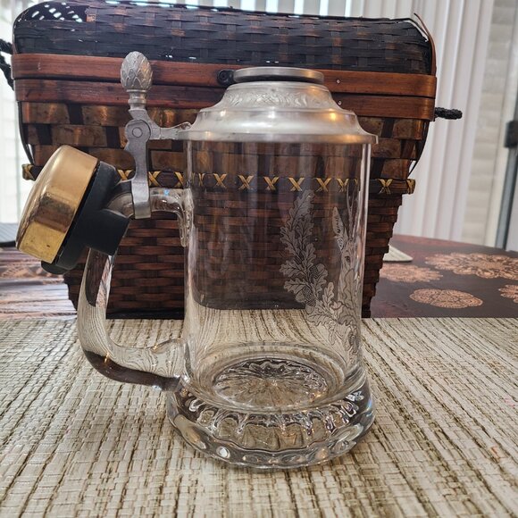 Etched Glass Beer Stein Engraved Pewter Lid Bicycle Warning Bell - Picture 3 of 8